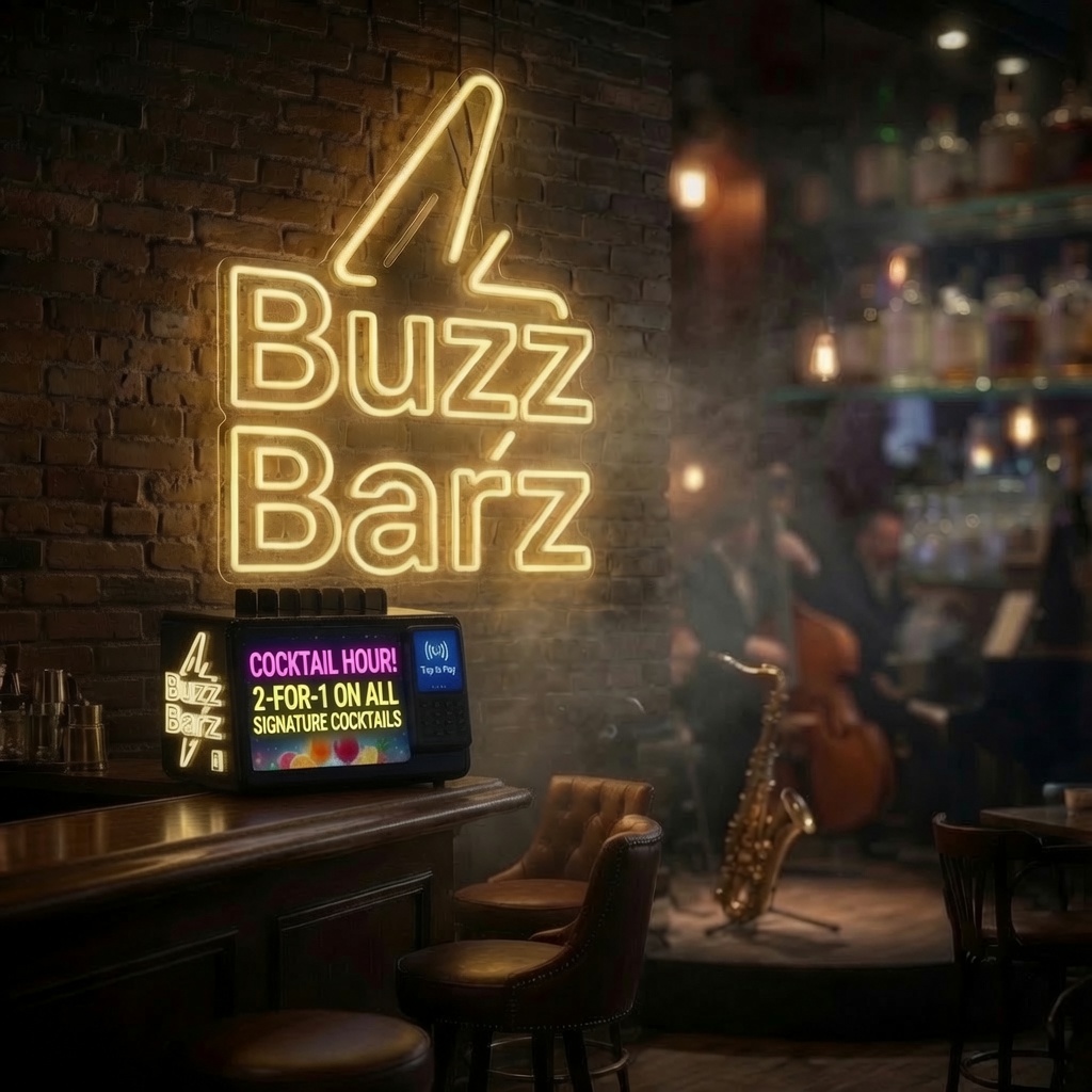 Buzz Barz power bank glowing on a pub counter