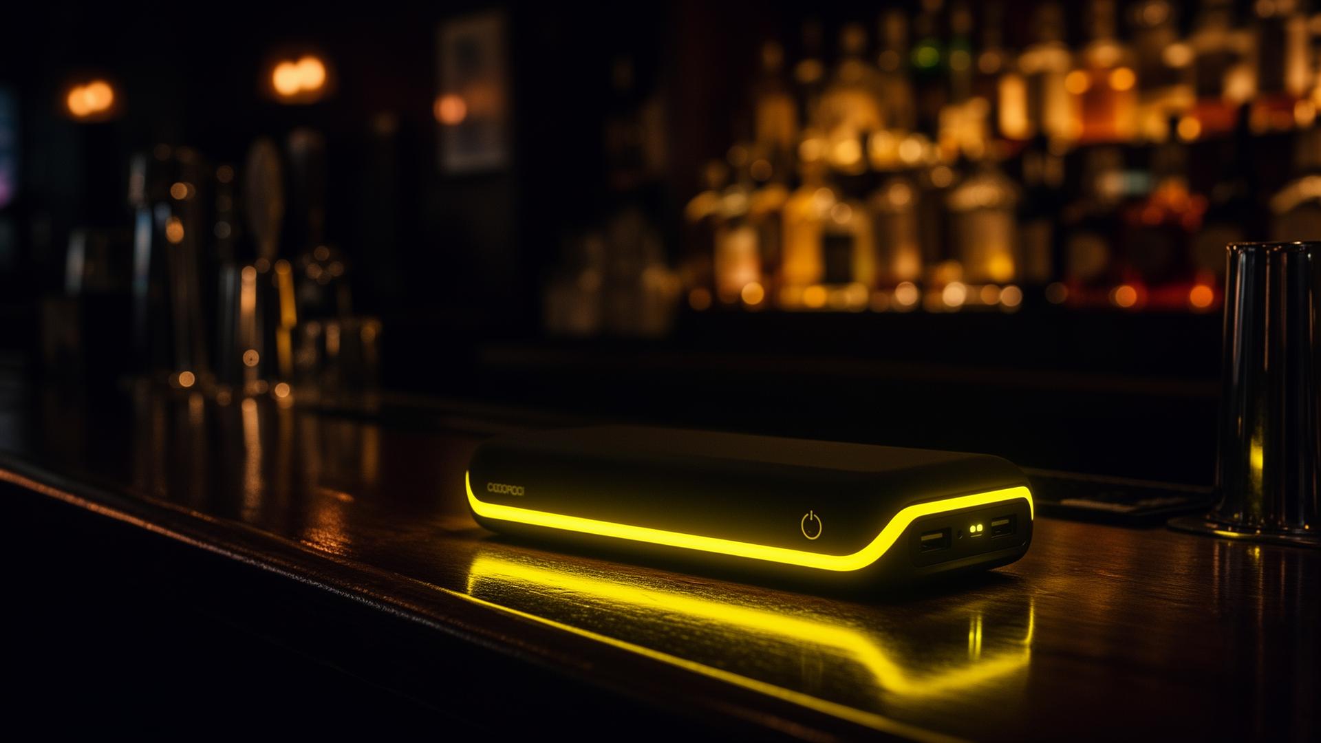 Buzz Barz power bank glowing on a pub counter